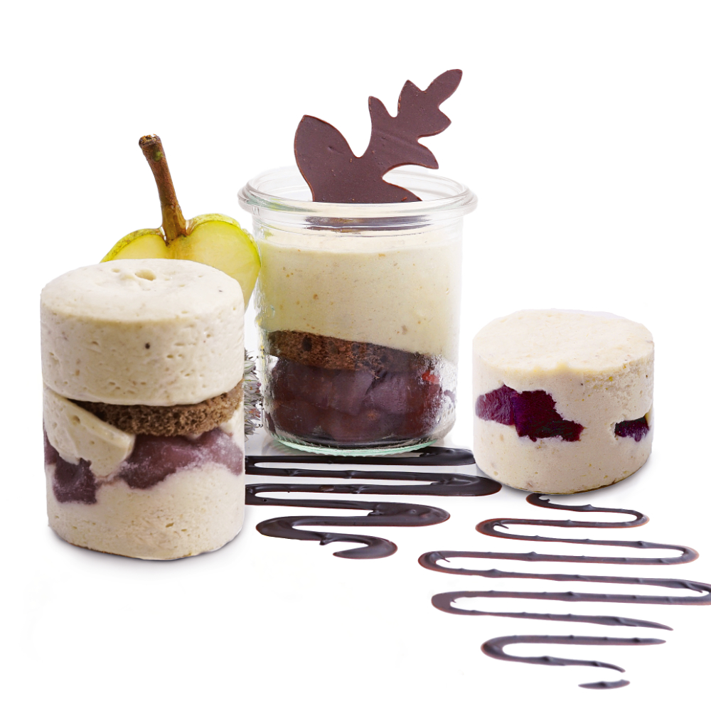 Maronimousse mit Portweinbirne und feinem Schokoladenbiskuit
Als Freisteher oder Nachfüller für 140ml Glas